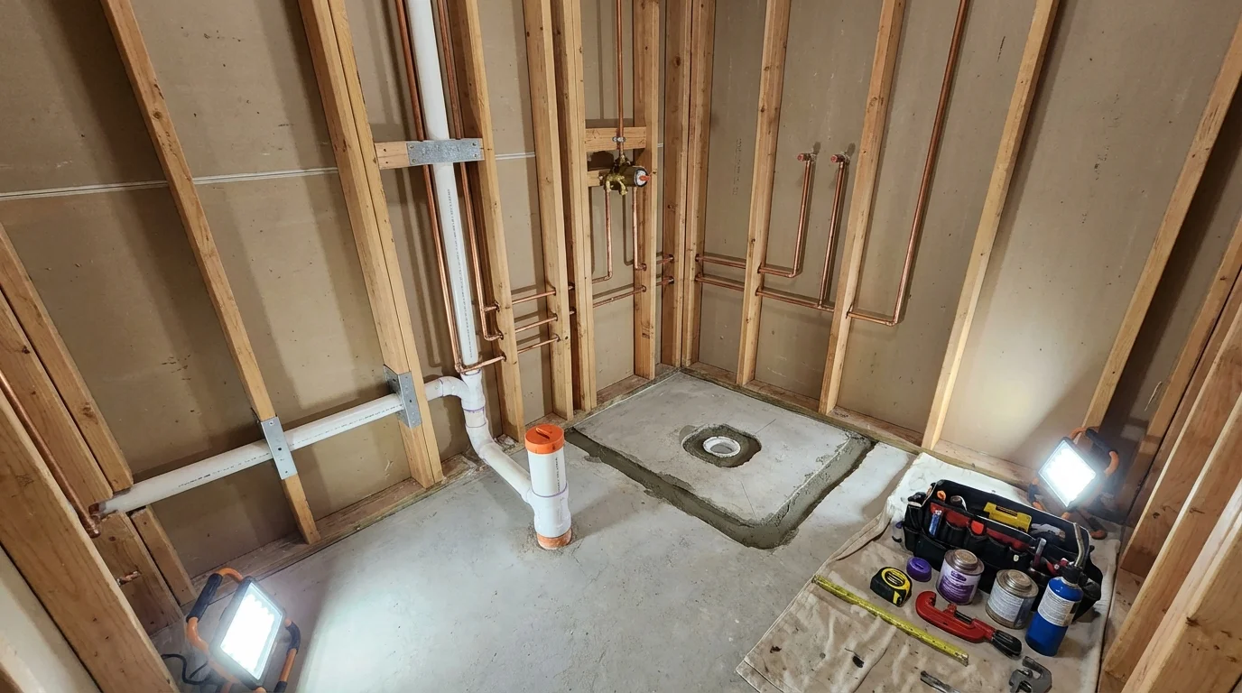 Bathroom rough-in plumbing during remodel by Johns Plumbing LLC in Menominee