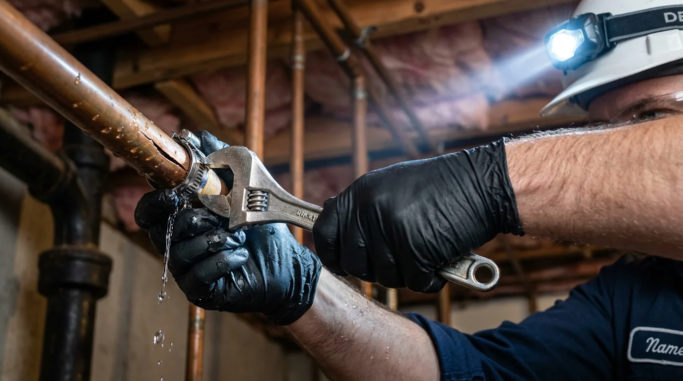 Emergency pipe clamp repair being performed by a Johns Plumbing LLC plumber in Menominee