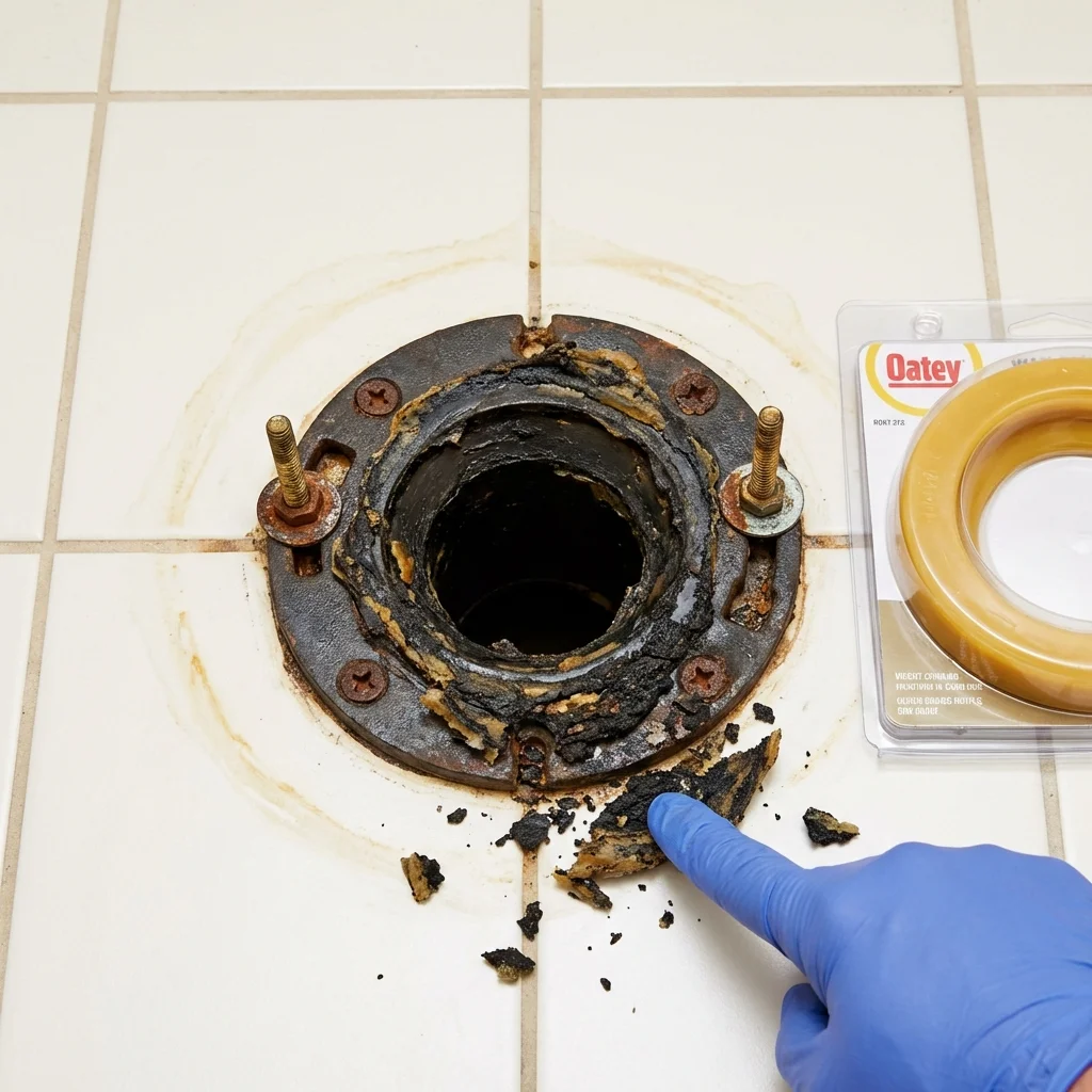 Failed wax ring showing water seepage at the base of a toilet in a Menominee, MI home