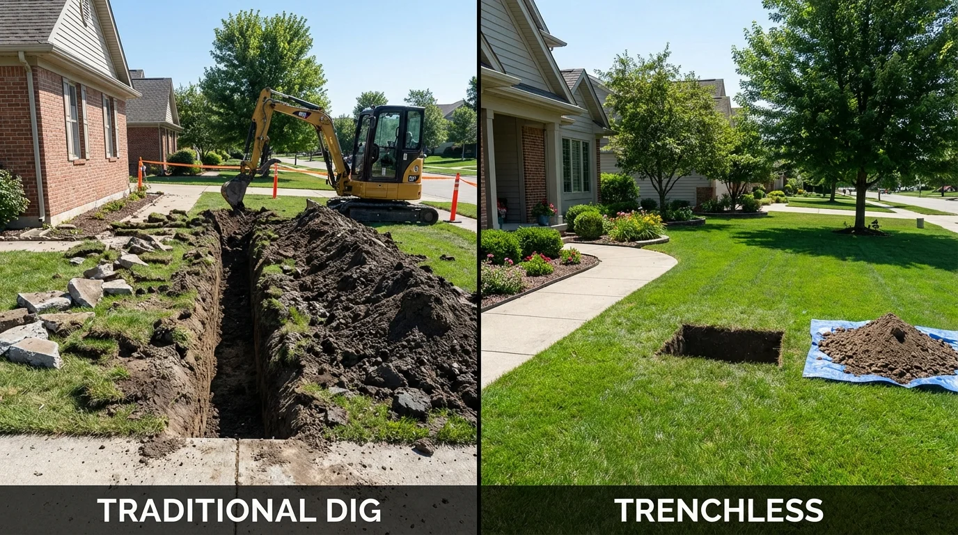 Trenchless sewer repair with minimal yard damage versus traditional excavation in Menominee, MI