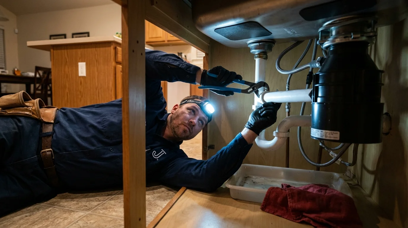 P-trap and supply line connections under a kitchen sink showing a common leak point in Menominee, MI